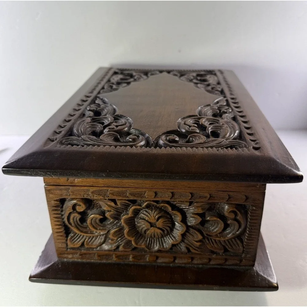 Vintage 1970s Thai Hand Carved Teak Jewelry Box Velvet Lining Tony M. Chiangmai